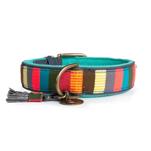 DWAM Dog with a Mission - Hundehalsband L | Bunt Gestreift | Blau/Gelb/Rot/Türkis | Verstellbar | Große Hunde | Handgemacht | Ethno/Nautisch Design | Ibiza Stil | Modisch buntes Muster | 4 cm Breit von DWAM Dog with a Mission