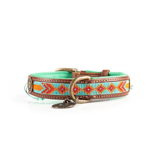 DWAM Dog with a Mission - Hundehalsband L | Farbenfroh Türkis, Orange mit Perlen | Boho, Ethno, Ibiza, Hippie | Große Hunde | Handgemacht | Modisch und Bunt | Aus weichem Echtes Leder | 2,5 cm Breit von DWAM Dog with a Mission