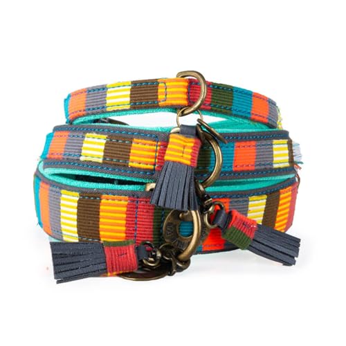 DWAM Dog with a Mission - Hundehalsband M | Bunt Gestreift | Blau/Gelb/Rot/Türkis | Verstellbar | Mittelgroße Hunde | Handgemacht | Ethno/Nautisch Design | Ibiza Stil | Modisch/bunt | 2,5 cm Breit von DWAM Dog with a Mission