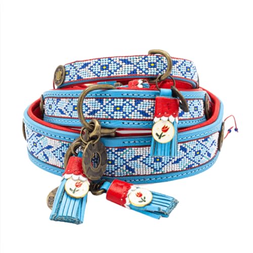 Dog with a Mission - Hundehalsband S | Dutchie, Blau und Rot mit Perlen | Boho und Hippie | Ideal für kleine Hunde | Handgemacht | Modisch und Bunt | Aus weichem Echtes Leder | 2 cm Breit von DWAM Dog with a Mission