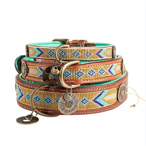 DWAM Dog with a Mission - Hundehalsband S | Türkis und Gold, geometrisches Perlenmuster | Boho, Ethno, Hippie | Mittelgroße Hunde | Handgemacht | Modisch und Bunt | Weiches Echtes Leder | 2,5 cm Breit von DWAM Dog with a Mission