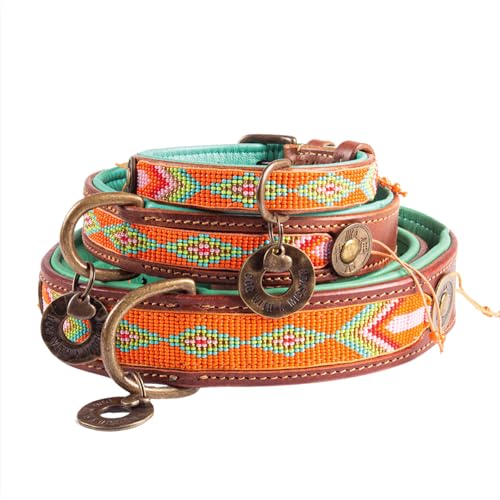 Dog with a Mission - Hundehalsband L | Farbenfroh Orange, Türkis | Perlen | Boho, Ethno, Ibiza, Hippie | Große Hunde | Handgemacht | Modisch und Bunt | Aus weichem Echtes Leder | 4 cm Breit von DWAM Dog with a Mission