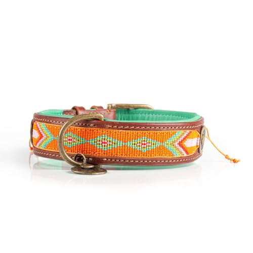 Dog with a Mission - Hundehalsband L | Farbenfroh Orange, Türkis | Perlen | Boho, Ethno, Ibiza, Hippie | Große Hunde | Handgemacht | Modisch und Bunt | Aus weichem Echtes Leder | 4 cm Breit von DWAM Dog with a Mission