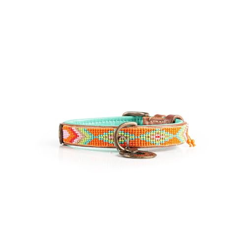 Dog with a Mission - Hundehalsband XXS | Farbenfroh Orange, Türkis | Perlen | Boho, Ethno, Ibiza, Hippie | Kleine Hunde | Handgemacht | Modisch und Bunt | Aus weichem Echtes Leder | 2 cm Breit von DWAM Dog with a Mission