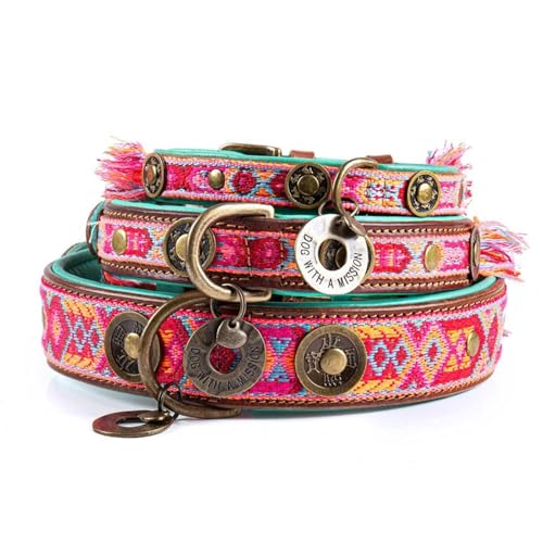 Dog with a Mission - Hundehalsband L | Farbenfroh in Rosa und Türkis | Boho, Ethno, Ibiza, Hippie | Ideal für große Hunde | Handgemacht | Modisch und Bunt | Aus weichem Echtes Leder | 2,5 cm Breit von DWAM Dog with a Mission