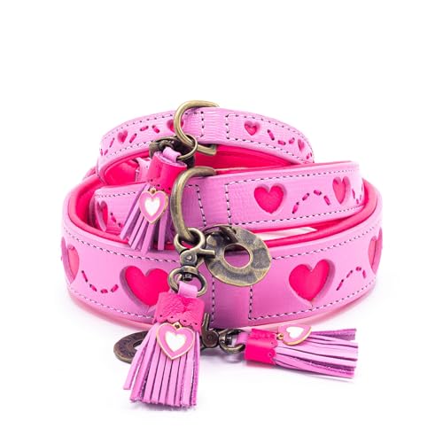 Dog with a Mission - Hundehalsband L | Rosa Pink mit Herzen | Boho und Hippie | Ideal für große Hunde | Handgemacht | Modisch und Bunt | Aus weichem Echtes Leder | 2,5 cm Breit von DWAM Dog with a Mission