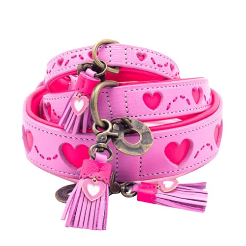 Dog with a Mission - Hundehalsband L | Rosa Pink mit Herzen | Boho und Hippie | Ideal für große Hunde | Handgemacht | Modisch und Bunt | Aus weichem Echtes Leder | 2,5 cm Breit von DWAM Dog with a Mission