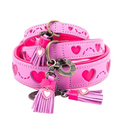 Dog with a Mission - Hundehalsband XS | Rosa Pink mit Herzen | Boho und Hippie | Ideal für kleine Hunde | Handgemacht | Modisch und Bunt | Aus weichem Echtes Leder | 2 cm Breit von DWAM Dog with a Mission