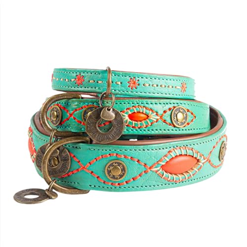 Dog with a Mission - Hundehalsband L | Türkises Leder, Orange | Hübsch, Boho, Ethno, Urban, Hippie | Große Hunde | Handgemacht | Modisch und Bunt | Aus weichem Echtes Leder | Luxe | 2,5 cm Breit von DWAM Dog with a Mission