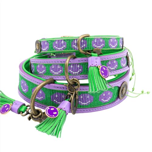 DWAM Dog with a Mission - Hundehalsband XL | Smiley, Grün und Lila mit Perlenmuster | Boho und Hippie | Ideal für große Hunde | Handgemacht | Modisch und Bunt | Aus weichem Echtes Leder | 4 cm Breit von DWAM Dog with a Mission