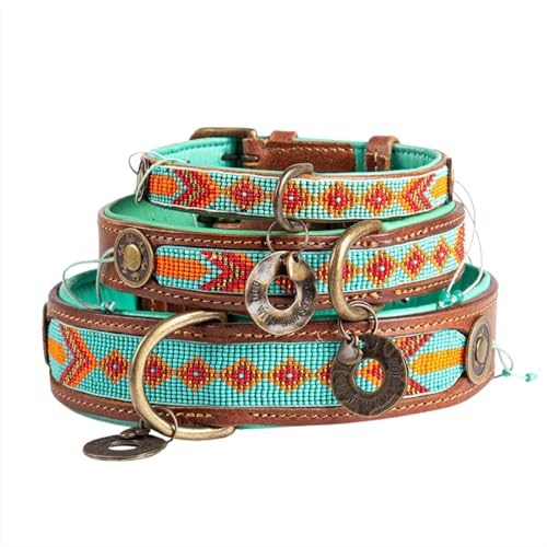 DWAM Dog with a Mission - Hundehalsband XXL | Farbenfroh Türkis, Orange mit Perlen | Boho, Ethno, Ibiza, Hippie | Extra große Hunde | Handgemacht | Modisch und Bunt | Weichem Echtes Leder | 4 cm Breit von DWAM Dog with a Mission