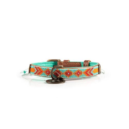 Dog with a Mission - Hundehalsband XXS | Farbenfroh Türkis, Orange mit Perlen | Boho, Ethno,Ibiza, Hippie | Kleine Hunde | Handgemacht | Modisch und Bunt | Aus weichem Echtes Leder | 2cm Breit von DWAM Dog with a Mission