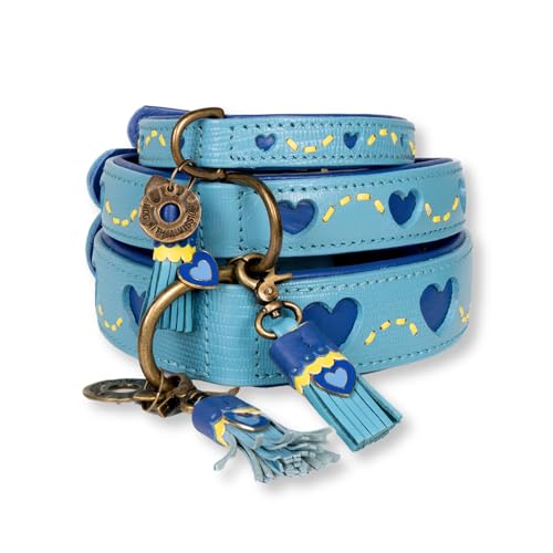 Dog with a Mission - Hundehalsband XS | Sky | Blau mit Herzen | Boho und Hippie | Ideal für kleine Hunde | Handgemacht | Modisch und Bunt | Aus weichem Echtes Leder | 2 cm Breit von DWAM Dog with a Mission