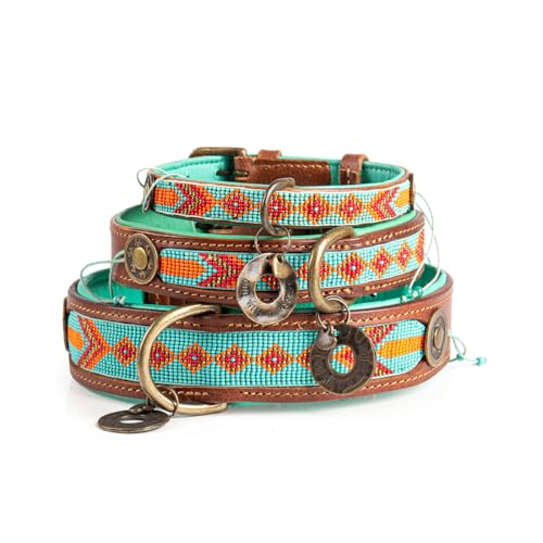 Dog with a Mission - Hundehalsband XS | Farbenfroh Türkis, Orange mit Perlen | Boho, Ethno,Ibiza, Hippie | Kleine Hunde | Handgemacht | Modisch und Bunt | Aus weichem Echtes Leder | 2cm Breit von DWAM Dog with a Mission