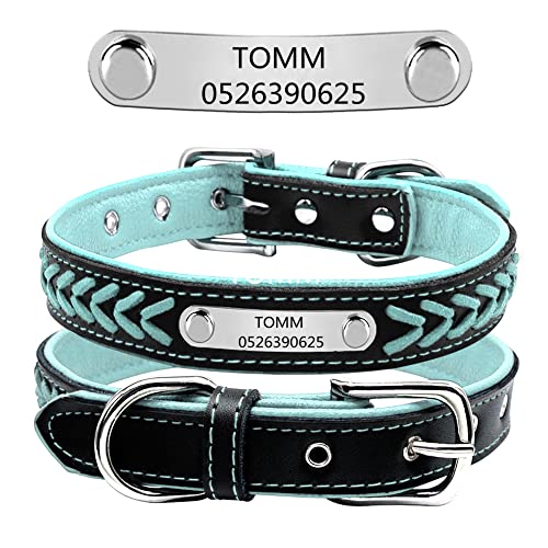 Personalisiert weiches gefloch Leder Hundehalsband ,gravier Edelstahl ID-Tag, Haustierhalsband Verstellbar (Blau-S:11-13.5") von DWCVEKY