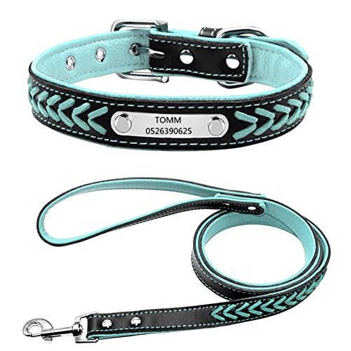 Personalisiert weiches gefloch Leder Hundehalsband ,gravier Edelstahl ID-Tag, Haustierhalsband Verstellbar (Blau-S:11-13.5"-Leine) von DWCVEKY