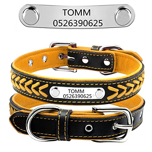 Personalisiert weiches gefloch Leder Hundehalsband ,gravier Edelstahl ID-Tag, Haustierhalsband Verstellbar (Gelb-M:12-15.5") von DWCVEKY