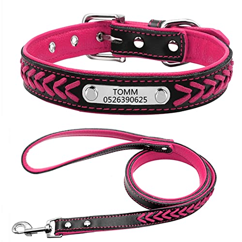 Personalisiert weiches gefloch Leder Hundehalsband ,gravier Edelstahl ID-Tag, Haustierhalsband Verstellbar (Rosarot-XS:8.5-11.5"-Leine) von DWCVEKY
