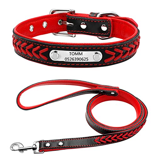 Personalisiert weiches gefloch Leder Hundehalsband ,gravier Edelstahl ID-Tag, Haustierhalsband Verstellbar (Rot-M:12-15.5"-Leine) von DWCVEKY