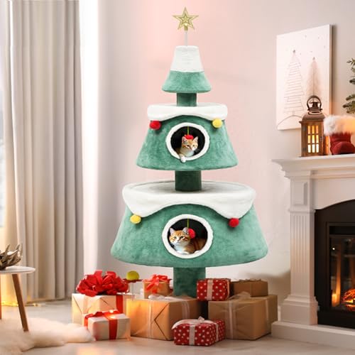 DWVO 160.0 cm Weihnachten Kratzbaum mit 2-stöckigem Katzenhaus Katzenturm für Indoor Katzen mit Katzenspielzeug Katzenmöbel für Weihnachtsdekoration von DWVO