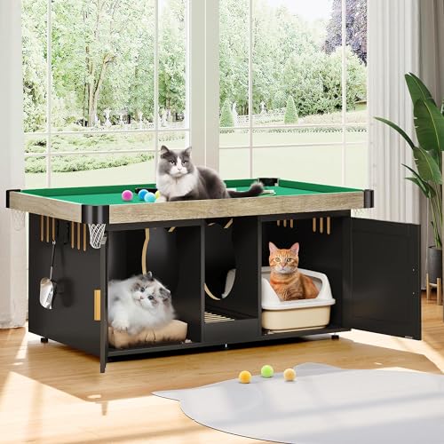 DWVO 4 in 1 Katzenspielzeug Mini Pool Tisch für Katzen, Katzenklo Gehege für 2 Katzen, Katze Pool Tisch Turm mit Federstab, interaktive Übung Spielruhe Betten & Katzentoilette Möbel, Schwarz, Groß von DWVO