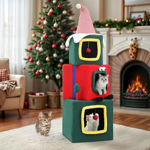 DWVO 60 Zoll Weihnachten Kratzbaum mit 3-stöckigem Katzenhaus Niedliche Moderne Katzenhaus mit Plüschball, Katzenmöbel mit Katzenspielzeug für Weihnachtsdekoration von DWVO