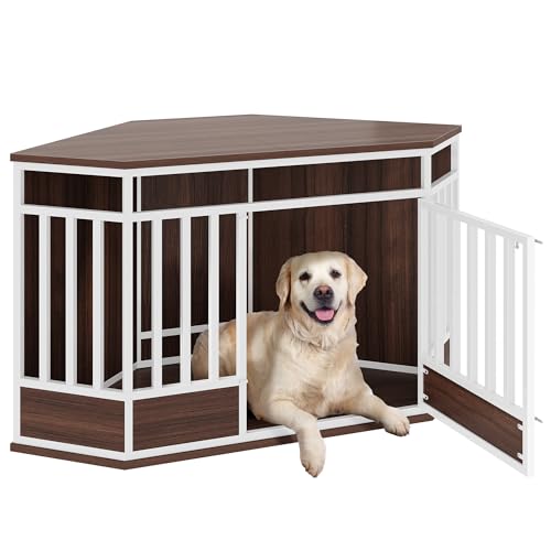 DWVO Eck-Hundekäfig-Möbel, 132 cm, robuste Hundehütte, Innenmöbel, Beistelltisch, Hundebox für große Hunde, moderne dekorative Hundebox aus Holz, Hundekäfig-Möbel für große Hunde, Weiß Walnuss von DWVO