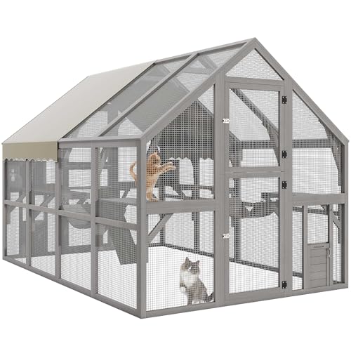 DWVO Extra großes Catio Outdoor Katzengehege 279,4 cm Außenkinderhaus mit wetterfestem Dach, Katzenkratzrampe, Katzenraum-Kapselbett, 2 Brücken, 2 Ruhehäuser, 7 Plattformen von DWVO