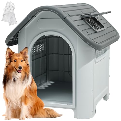 DWVO Faltbare Hundehütte aus Kunststoff für kleine, mittelgroße und große Hunde, wasserdicht, zusammenklappbar, mit verstellbarem Fenster oben und erhöhtem Boden (L x B x H): 100 x 84 x 95 cm von DWVO