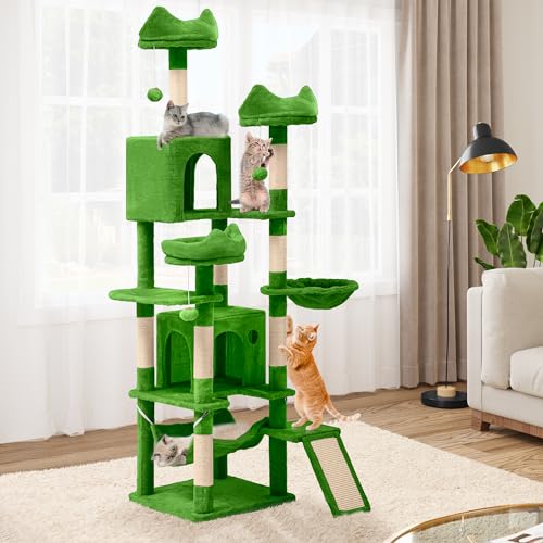 DWVO Hoher Kratzbaum für Indoor-Katzen, 190,5 cm, mehrstöckiger Katzenturm mit Sisal-Kratzbäumen und Rampe, Plüsch-Sitzstangen, Hängematte, geräumige Höhlen, Katzenaktivitätszentrum für Kätzchen, Grün von DWVO