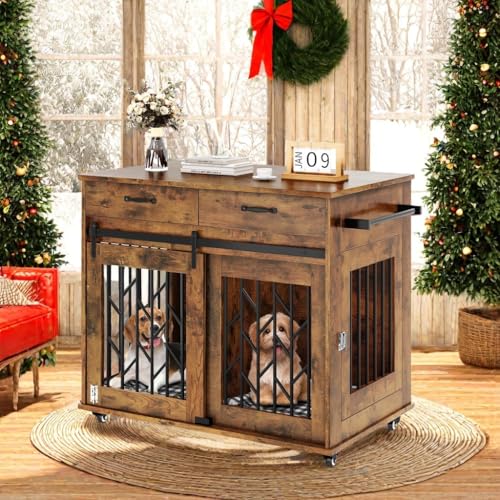 DWVO Hundekäfig-Möbel für 2 Hunde, 99,1 cm Holz-Hundehütte, Endtisch mit Rollen und Aufbewahrungsschubladen, Indoor-Doppeltür-Hundebox mit Schiebetür, Braun von DWVO