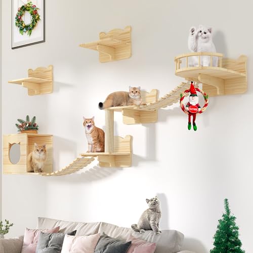 DWVO Katzenwandregale und Sitzstangen für die Wand, Holz Wandmontage Katzenmöbel 9er Set Katzenkletterregal mit 1 Katzenwandhaus, 4 Wandstufen, 2 Brückenleiter, 1 Katzenkratzbaum und 1 Katzenbett von DWVO