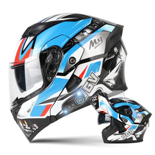 DXDRT Modularer Bluetooth-Motorradhelm, Integralhelm Mit Antibeschlag-Doppelvisier, Hochklappbarer Front-Motorradhelm DOT/ECE-Zugelassen Für Erwachsene, Männer Und Frauen,Blue a,L 58~59CM von DXDRT