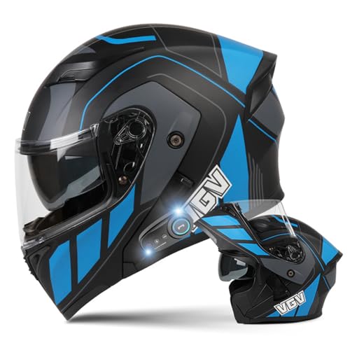 DXDRT Modularer Bluetooth-Motorradhelm, Integralhelm Mit Antibeschlag-Doppelvisier, Hochklappbarer Front-Motorradhelm DOT/ECE-Zugelassen Für Erwachsene, Männer Und Frauen,Blue b,L 58~59CM von DXDRT