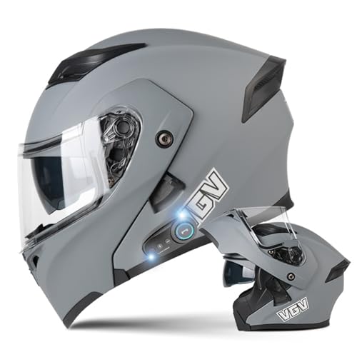 DXDRT Modularer Bluetooth-Motorradhelm, Integralhelm Mit Antibeschlag-Doppelvisier, Hochklappbarer Front-Motorradhelm DOT/ECE-Zugelassen Für Erwachsene, Männer Und Frauen,Grau,L 58~59CM von DXDRT