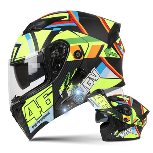 DXDRT Modularer Bluetooth-Motorradhelm, Integralhelm Mit Antibeschlag-Doppelvisier, Hochklappbarer Front-Motorradhelm DOT/ECE-Zugelassen Für Erwachsene, Männer Und Frauen,Grün,L 58~59CM von DXDRT