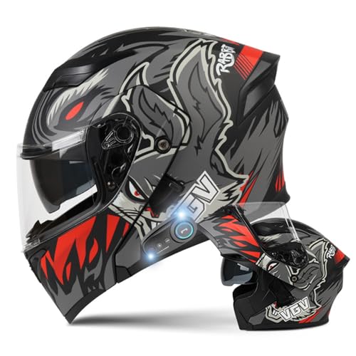 DXDRT Modularer Bluetooth-Motorradhelm, Integralhelm Mit Antibeschlag-Doppelvisier, Hochklappbarer Front-Motorradhelm DOT/ECE-Zugelassen Für Erwachsene, Männer Und Frauen,Rabbit b,L 58~59CM von DXDRT