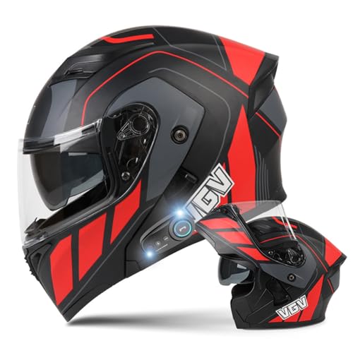 DXDRT Modularer Bluetooth-Motorradhelm, Integralhelm Mit Antibeschlag-Doppelvisier, Hochklappbarer Front-Motorradhelm DOT/ECE-Zugelassen Für Erwachsene, Männer Und Frauen,Rot,L 58~59CM von DXDRT