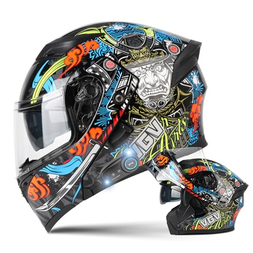 DXDRT Modularer Bluetooth-Motorradhelm, Integralhelm Mit Antibeschlag-Doppelvisier, Hochklappbarer Front-Motorradhelm DOT/ECE-Zugelassen Für Erwachsene, Männer Und Frauen,Stripe,L 58~59CM von DXDRT