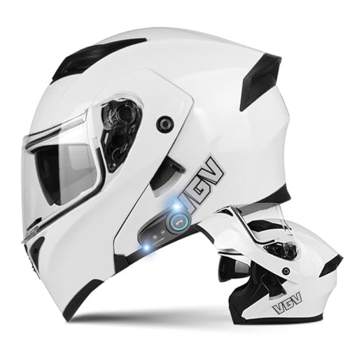 DXDRT Modularer Bluetooth-Motorradhelm, Integralhelm Mit Antibeschlag-Doppelvisier, Hochklappbarer Front-Motorradhelm DOT/ECE-Zugelassen Für Erwachsene, Männer Und Frauen,Weiß,L 58~59CM von DXDRT