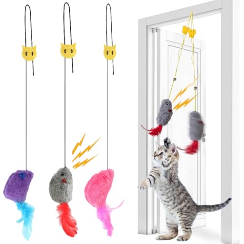 DYKeWei Katzenspielzeug Selbstbeschäftigung Quietschgeräusch Interaktives Magic Maus Hängende Elastische,mit Federschwanz für Katzen und Kätzchen,Dancer für Katzenauslauf und gegen Langeweile (3pc) von DYKeWei