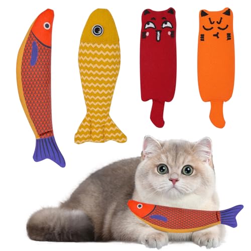 DYMHQ 4 Stück Plüsch Katzenspielzeug Set, Multifunktional Interaktives Plüsch Catnip Toys, Dauerhaft Simulation Fisch Katze Spielzeug, Katzenminzen Spielzeug für Katzen zum Spielen Kauen von DYMHQ