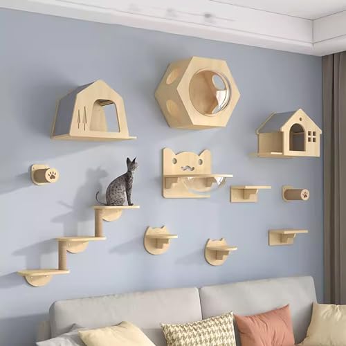 DYUNCZ Katzen Kletterwand Set, Kletterwand Katzen, Katzenwandregale, Katzenklettergerät mit Katzenhaus, Moderne Katzenmöbel for Große Katzen Oder Kätzchen (Color : 11-Piece Set) von DYUNCZ