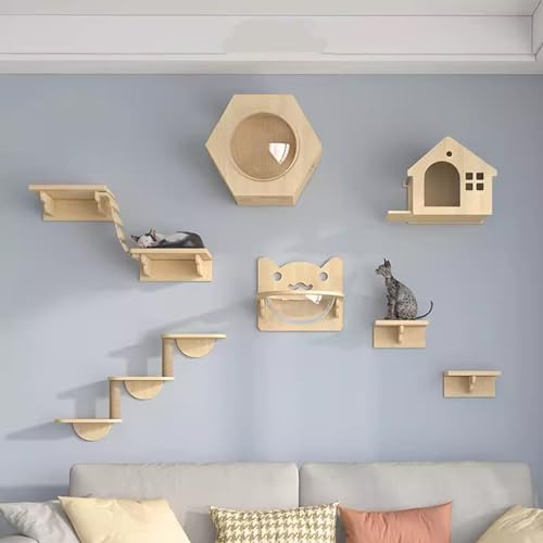 DYUNCZ Katzen Kletterwand Set, Kletterwand Katzen, Katzenwandregale, Katzenklettergerät mit Katzenhaus, Moderne Katzenmöbel for Große Katzen Oder Kätzchen (Color : 9-Piece Set) von DYUNCZ