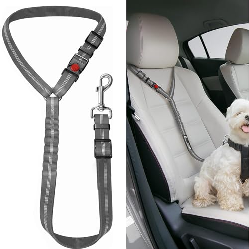 Anschnallgurt Hund Auto Sicherheitsgeschirr 360° Drehkarabiner Nylon Einstellbar Hundegurt Hunde Sicherheitsgurt Einstellbar Anschnallgurt fürs Auto mit Elastischer DäMpfung Pufferseile(Grau) von DabbOo