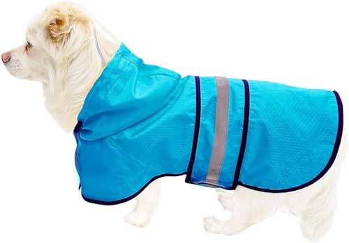 Hunde-Regenmantel, wasserdicht, reflektierend, leicht, atmungsaktiv, Kapuzenponcho, Regenmantel, Jacke mit verstellbarem Bauchgurt und Loch für die Leine für kleine, mittelgroße und große Hunde, Blau, von Dadanfly