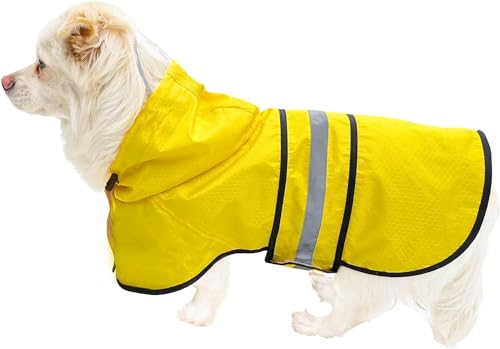 Hunde-Regenmantel, wasserdicht, reflektierend, leicht, atmungsaktiv, Kapuzenponcho, Regenmantel, Jacke mit verstellbarem Bauchgurt und Loch für die Leine für kleine, mittelgroße und große Hunde, Gelb, von Dadanfly