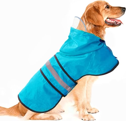 Hunde-Regenmantel, wasserdicht, reflektierend, leicht, atmungsaktiv, Kapuzenponcho, Regenmantel, Jacke mit verstellbarem Bauchgurt und Loch für die Leine für kleine, mittelgroße und große Hunde, Blau, von Dadanfly