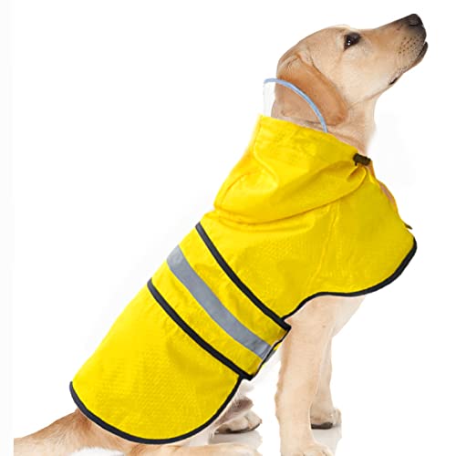 Hunde-Regenmantel, wasserdicht, reflektierend, leicht, atmungsaktiv, mit Kapuze, Regenmantel, Jacke mit verstellbarem Bauchgurt und Leinenloch für kleine, mittelgroße und große Hunde (M, Gelb) von Dadanfly
