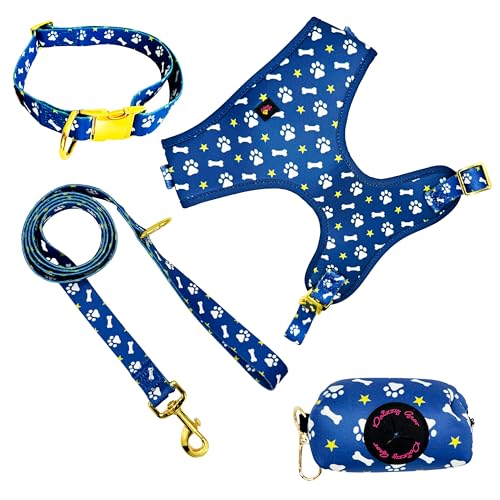 Daizzy Gear Niedliches Hundegeschirr-Set, kein Ziehen, einsteigen, weich und verstellbar, passendes Halsband, Geschirr und Leine, Set mit hochwertigem Zubehör und Kotbeutelhalter für kleine, von Daizzy Gear